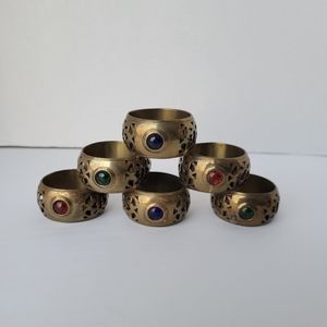 Vintage Set of 6 Brass Napkin Ring Holders Jeweled